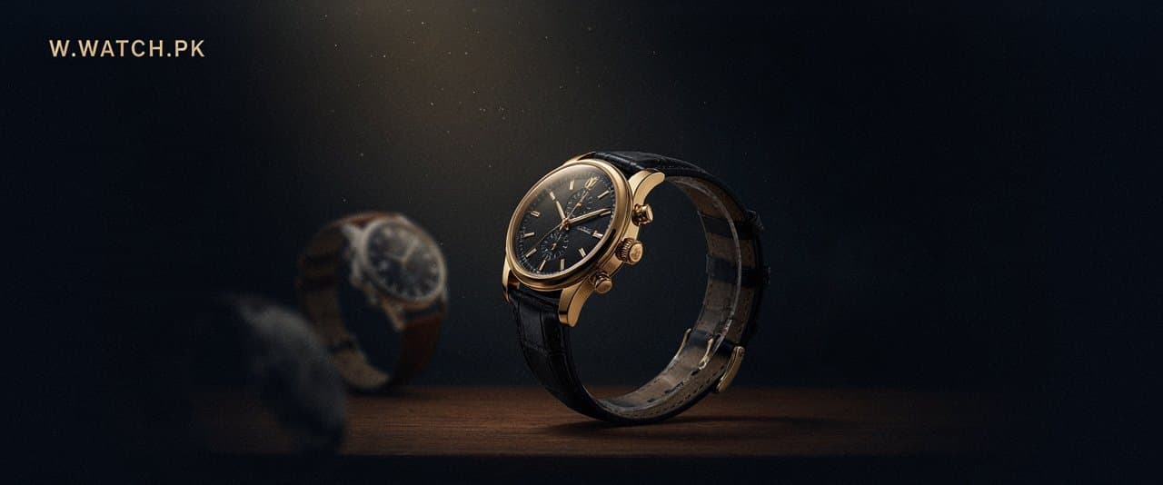 Gold chronograph on a black leather strap, lit against a dark backdrop