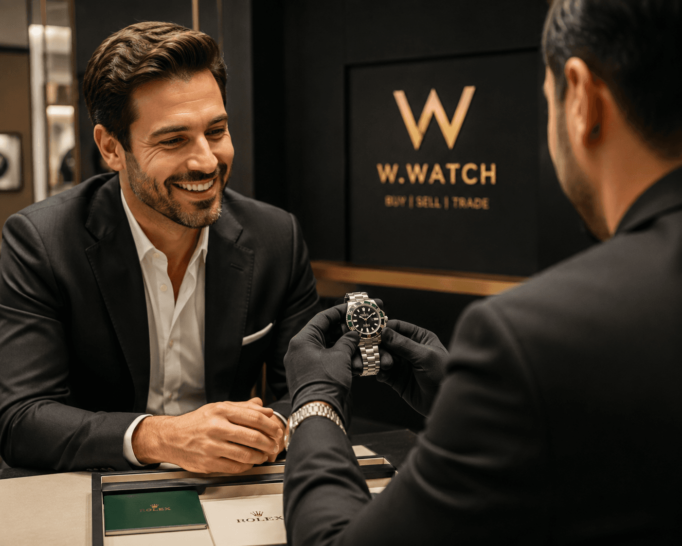 A W. Watch specialist presenting a luxury watch across the counter