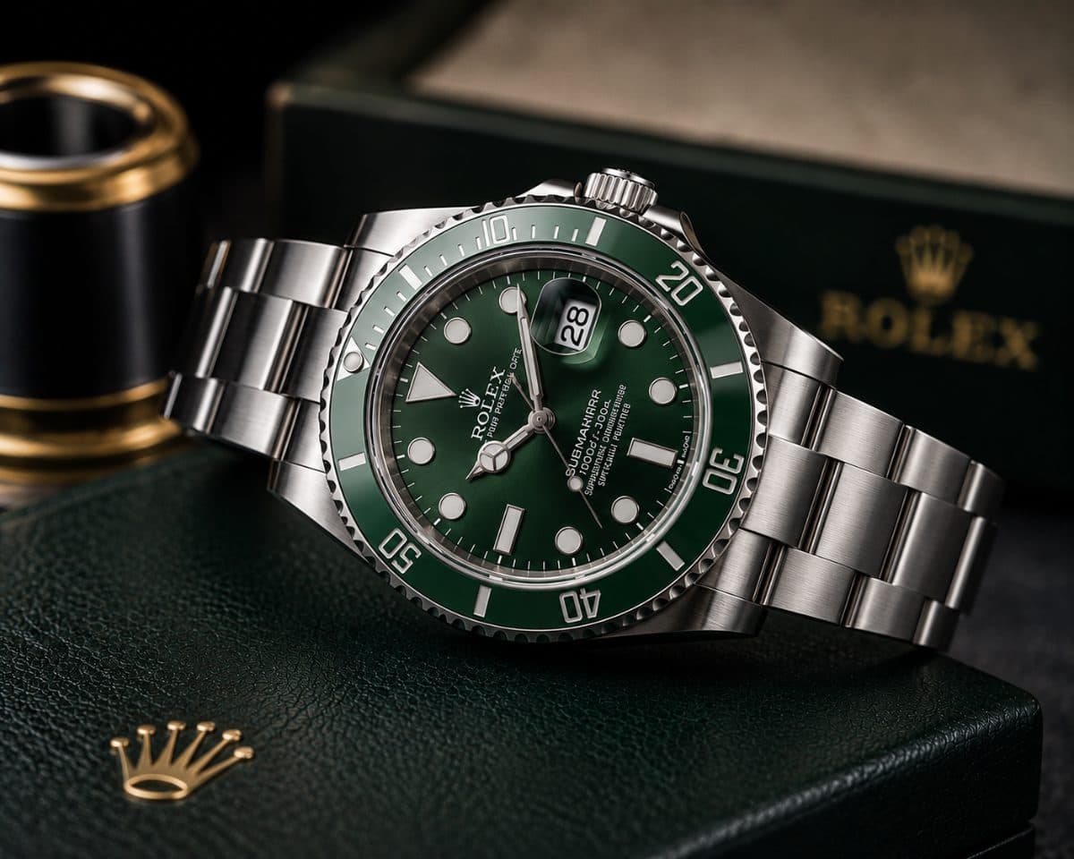 Steel sports watch with green dial and bezel — dial and bracelet detail