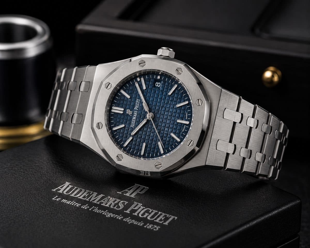 Octagonal steel sports watch with blue guilloché dial, under authentication