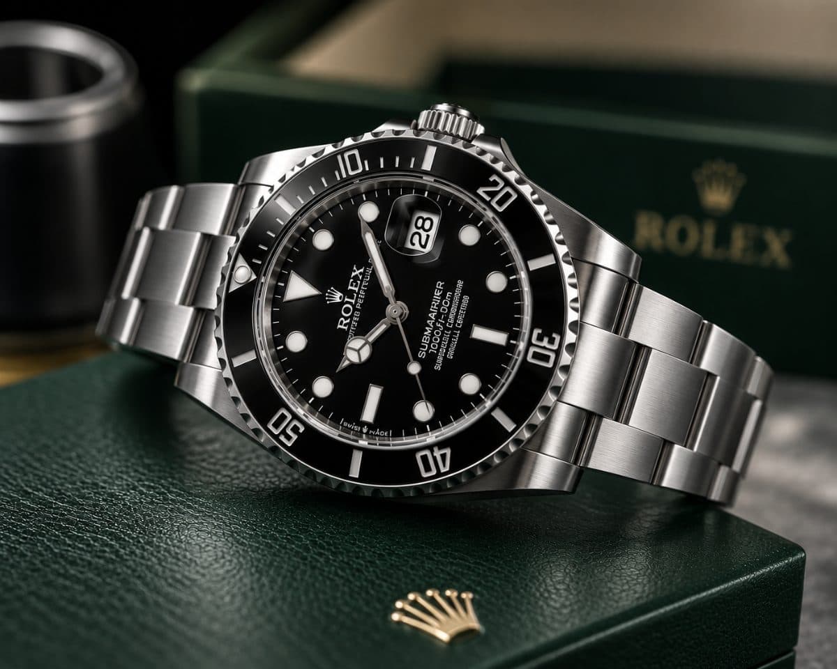 Steel diver with black dial and ceramic bezel on its green presentation box