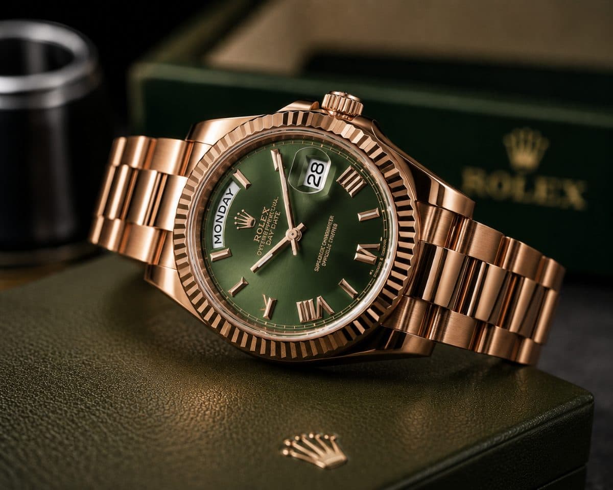 Rose gold day-date watch with green dial, three-quarter view