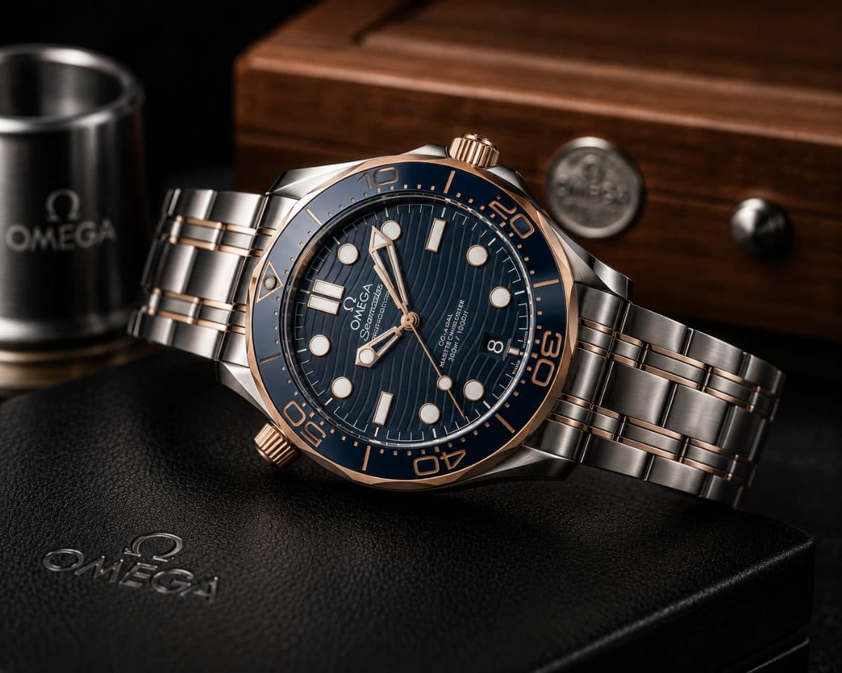 Two-tone steel and rose gold diver with blue wave dial